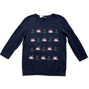 NWT TALBOTS Embellished Crab Anchor 3/4 Sleeve Sweater Small Navy Pink Nautical